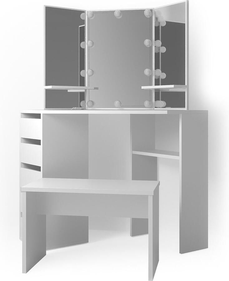 Vicco Arielle Hoek kaptafel – 110 cm met LED-verlichting en bankje Wit met LED-verlichting en bankje