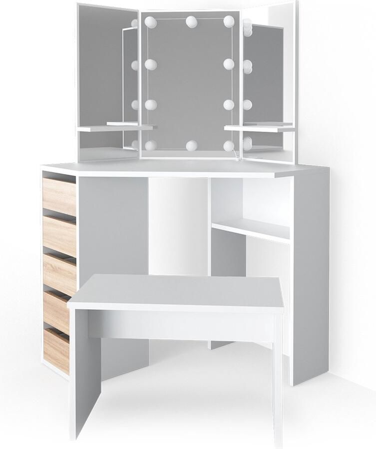 Vicco Arielle Hoek kaptafel – 110 cm met LED-verlichting en bankje Wit Sonoma met LED-verlichting en bankje