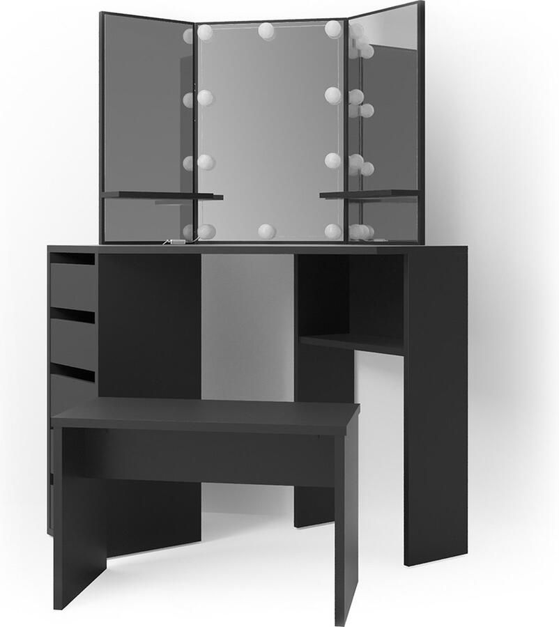 Vicco Arielle Hoek kaptafel – 110 cm met LED-verlichting en bankje Zwart met LED-verlichting en bankje