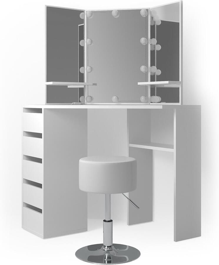 Vicco Arielle Hoek kaptafel – 110 cm met LED-verlichting en kruk Wit met LED-verlichting en kruk