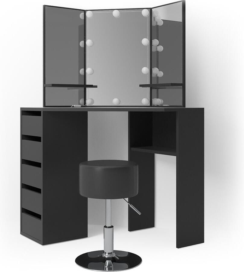 Vicco Arielle Hoek kaptafel – 110 cm met LED-verlichting en kruk Zwart met LED-verlichting en kruk