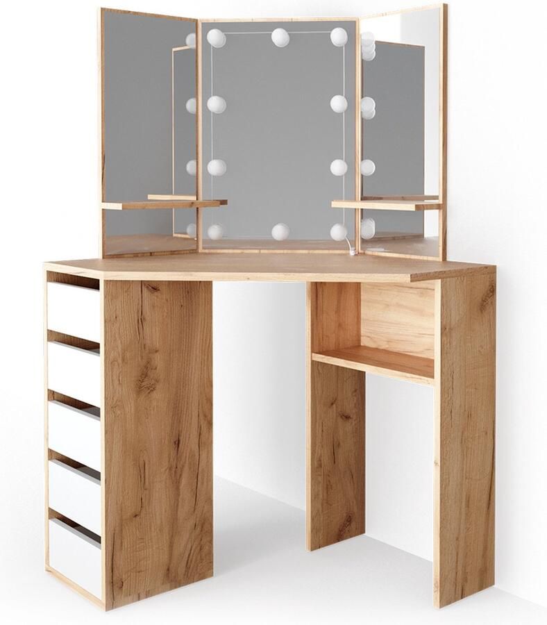 Vicco Arielle Hoek kaptafel – 110 cm met LED-verlichting Krachtige eik goud met LED-verlichting