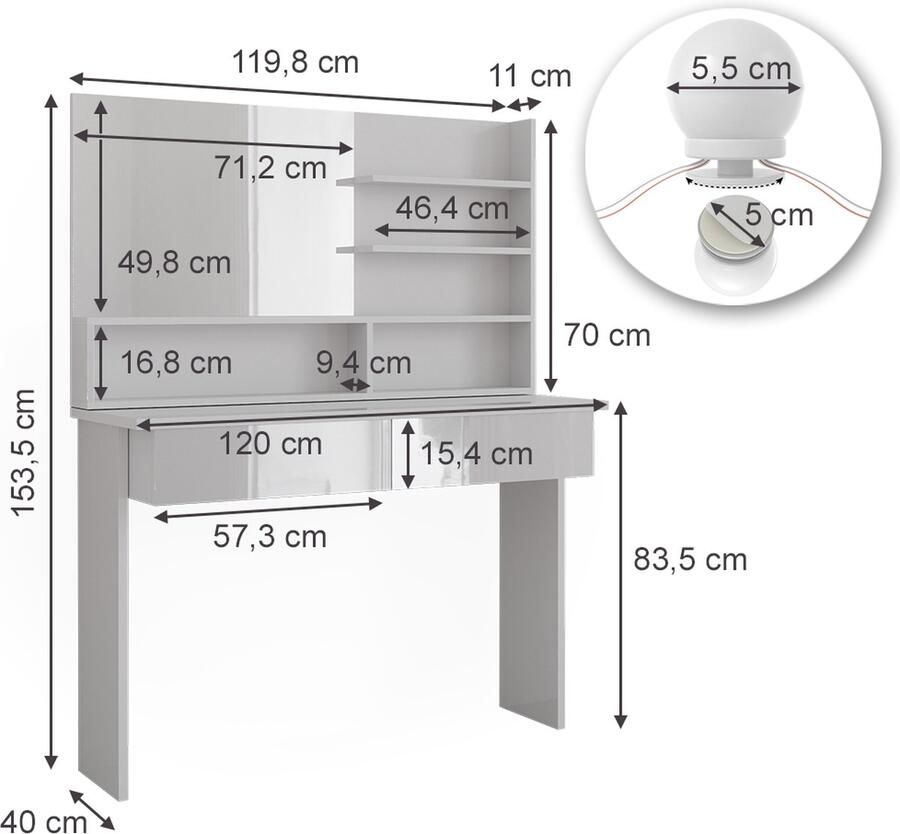 Vicco Azur Kaptafel met licht – 120 cm met LED-verlichting Wit met LED-verlichting
