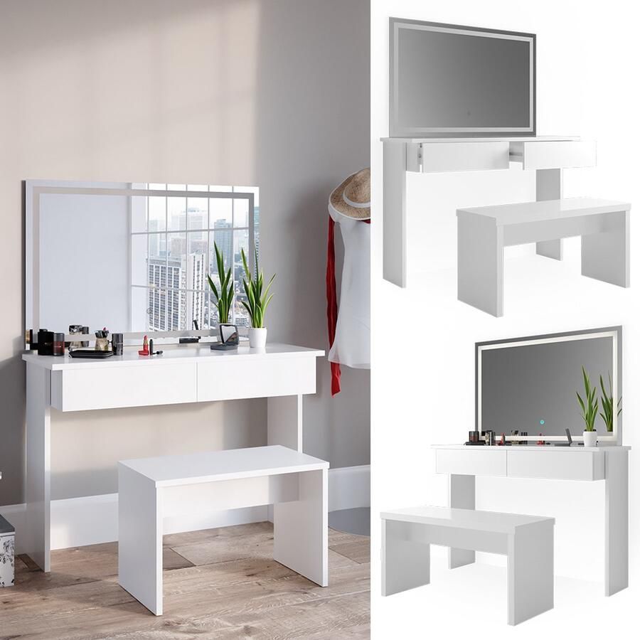 Vicco Azur Make-uptafel set met kruk – 120 cm met LED-spiegel en bankje Wit met LED-spiegel en bankje