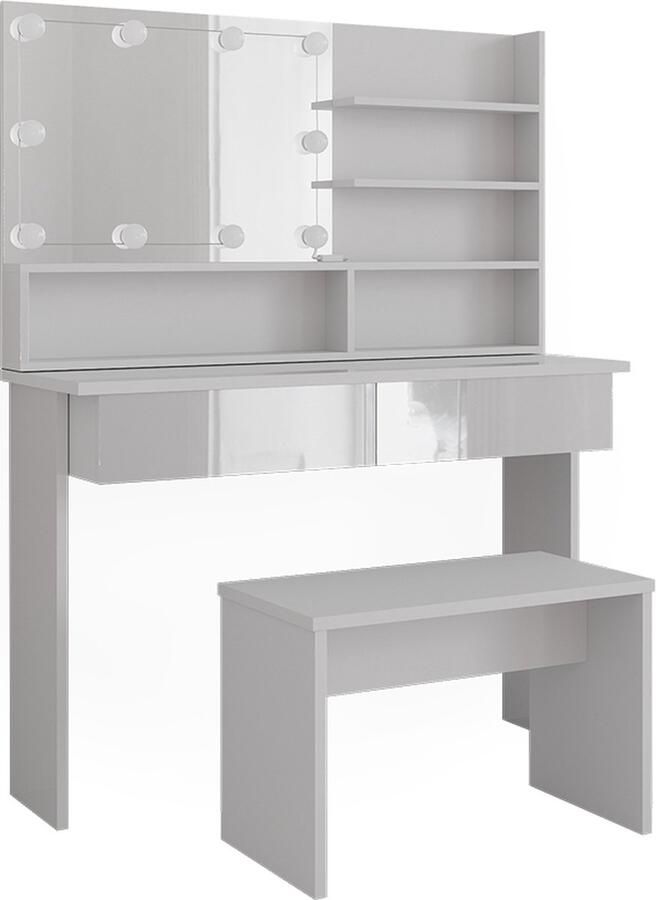 Vicco Azur Make-uptafel set met kruk – 120 cm met spiegelplank bankje & LED-verlichting Wit met spiegelplank bankje & LED-verlichting