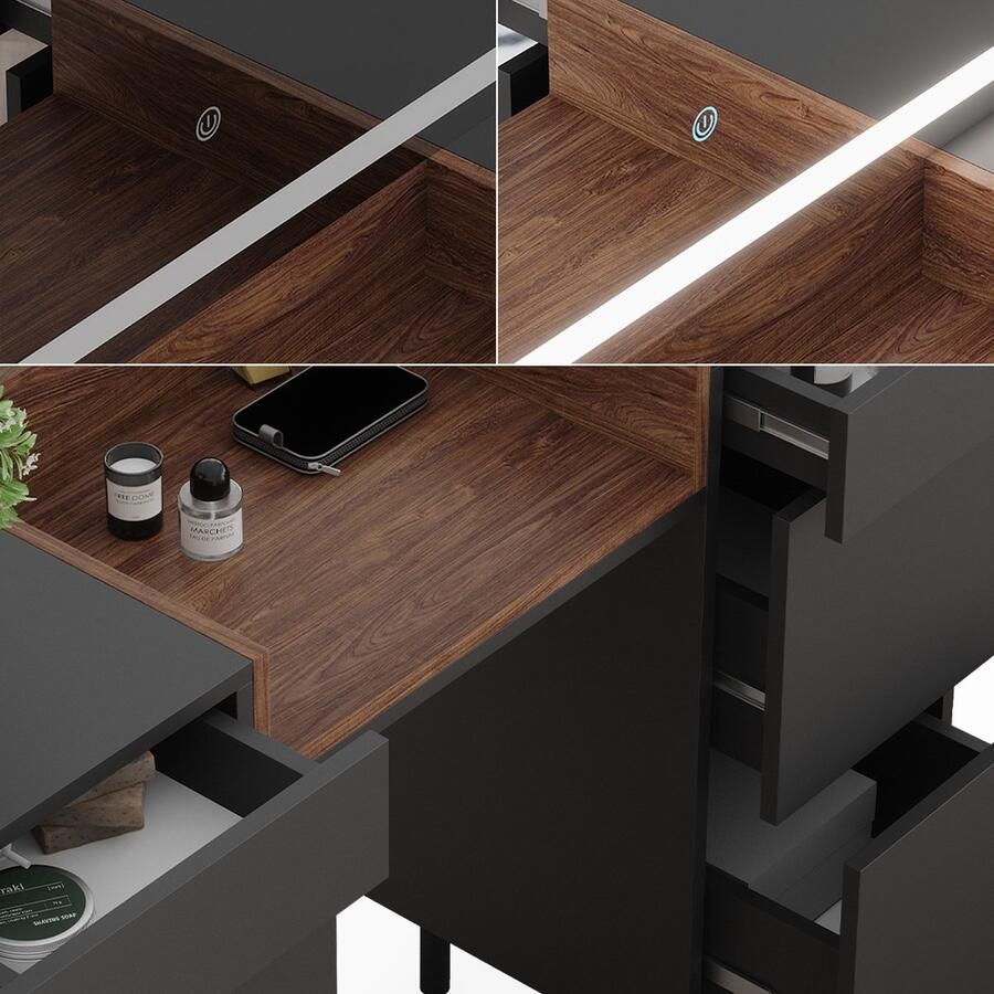 Vicco Anika Beautytisch met licht – 120 cm met LED-spiegel Antraciet met LED-spiegel - Foto 2