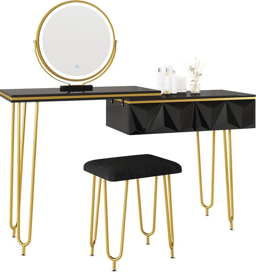 Vicco Bella Make-uptafel set met kruk – 120 cm met LED-spiegel en krukje Zwart met LED-spiegel en krukje