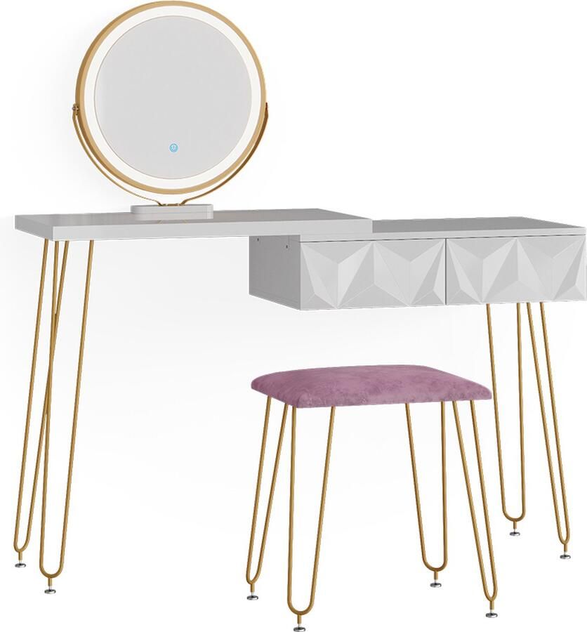 Vicco Bella Make-uptafel set met kruk – 120 cm met LED-verlichting en kruk Wit met LED-verlichting en kruk