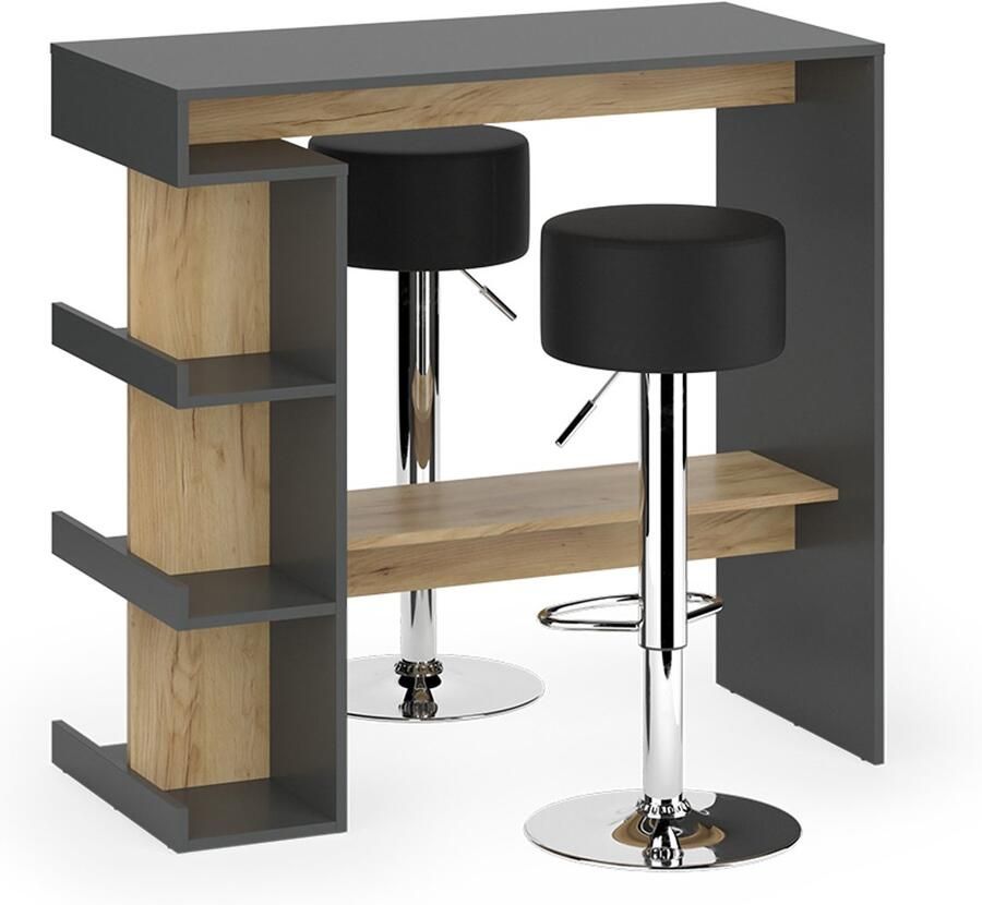 Vicco Dana Bartafel set – 108 x 50 cm met 2 barkrukken Antraciet gouden eik