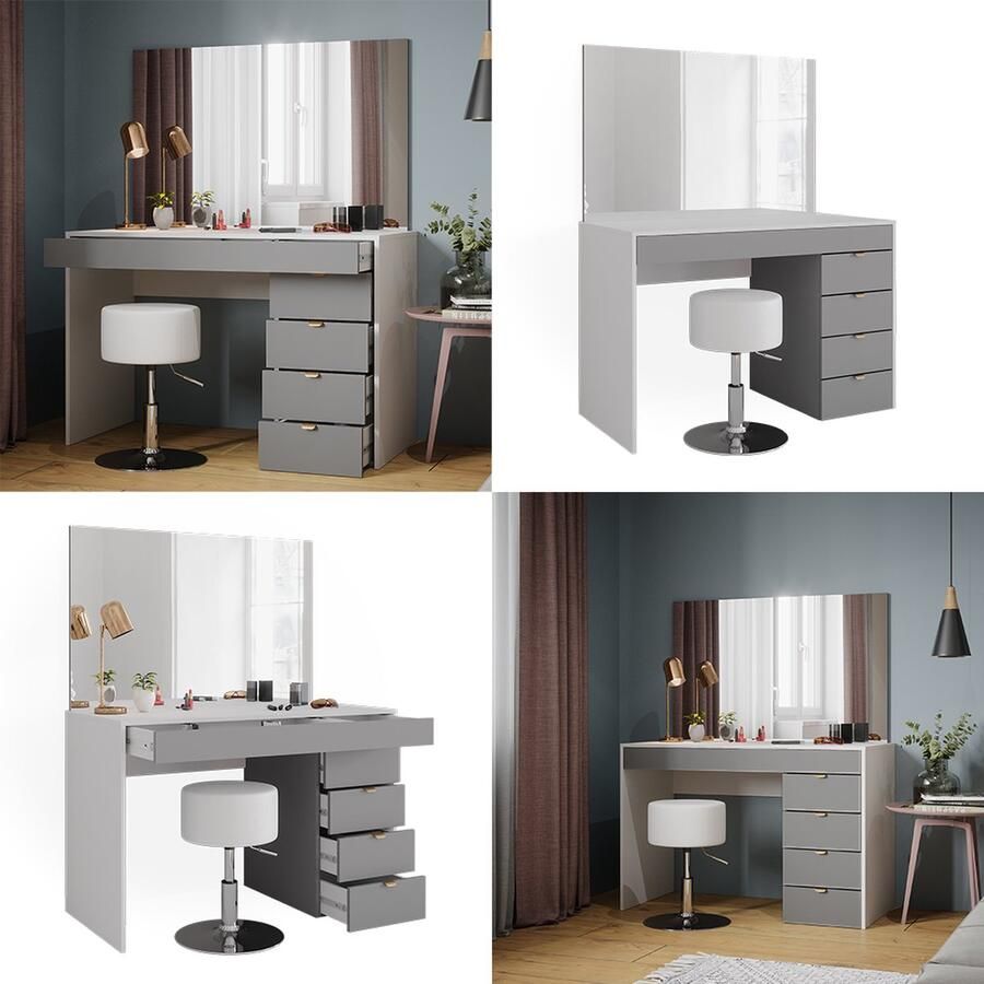 Vicco Elise Kaptafel – 115 cm met krukje Wit grijs grijs met krukje