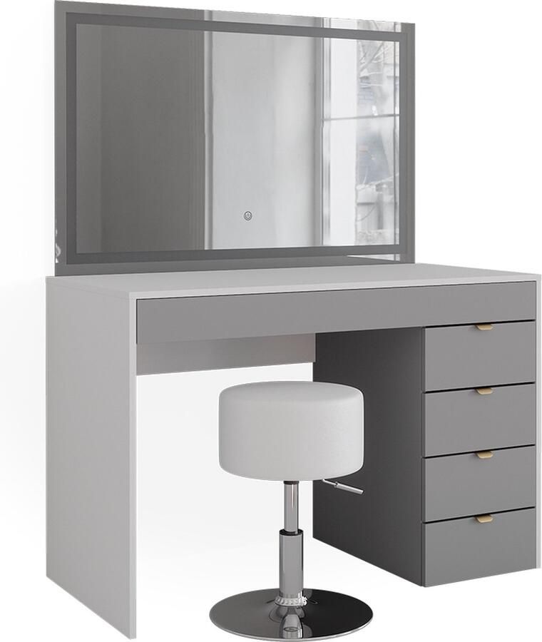 Vicco Elise Make-uptafel set met kruk – 115 cm met LED-spiegel en krukje Wit grijs grijs met LED-spiegel en krukje