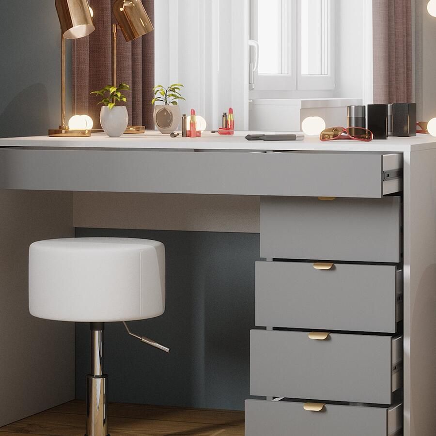 Vicco Elise Make-uptafel set met kruk – 115 cm met LED-verlichting en kruk Wit grijs grijs met LED-verlichting en kruk