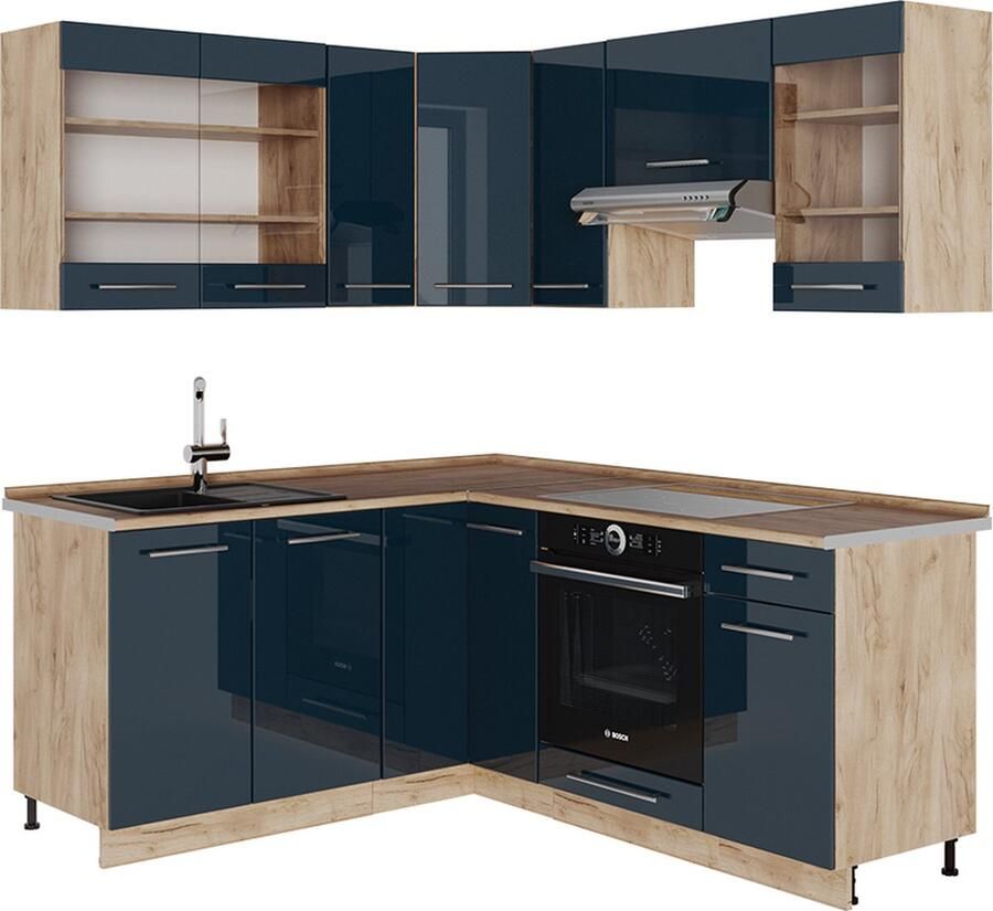 Vicco Fame-Line Keukenkasten – 190 x 60 cm zonder werkblad Donkerblauw hoogglans gouden eik zonder werkblad