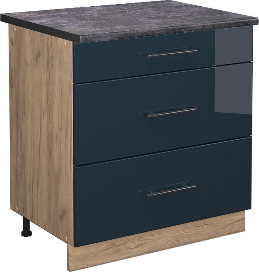 Vicco Fame-Line Keuken Keukenkasten – 80 cm met 3 laden WB Antraciet Donkerblauw hoogglans met 3 laden WB Antraciet