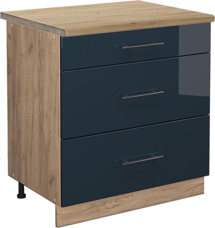 Vicco Fame-Line Keuken Keukenkasten – 80 cm met 3 laden WB Eik Donkerblauw hoogglans met 3 laden WB Eik