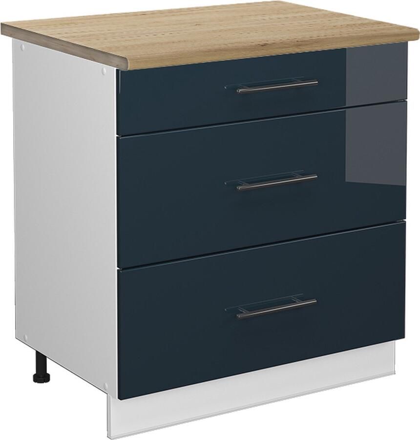 Vicco Fame-Line Keuken Keukenkasten – 80 cm met 3 laden WB Eik Donkerblauw hoogglans met 3 laden WB Eik