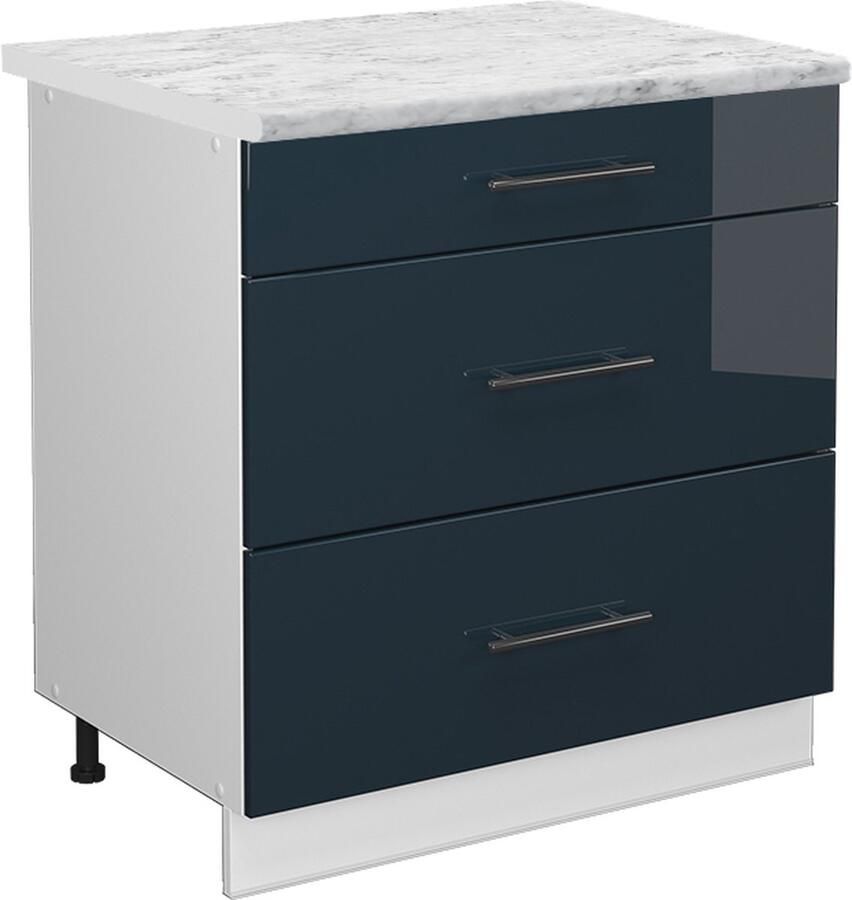 Vicco Fame-Line Keuken Keukenkasten – 80 cm met 3 laden WB Marmer Donkerblauw hoogglans met 3 laden WB Marmer
