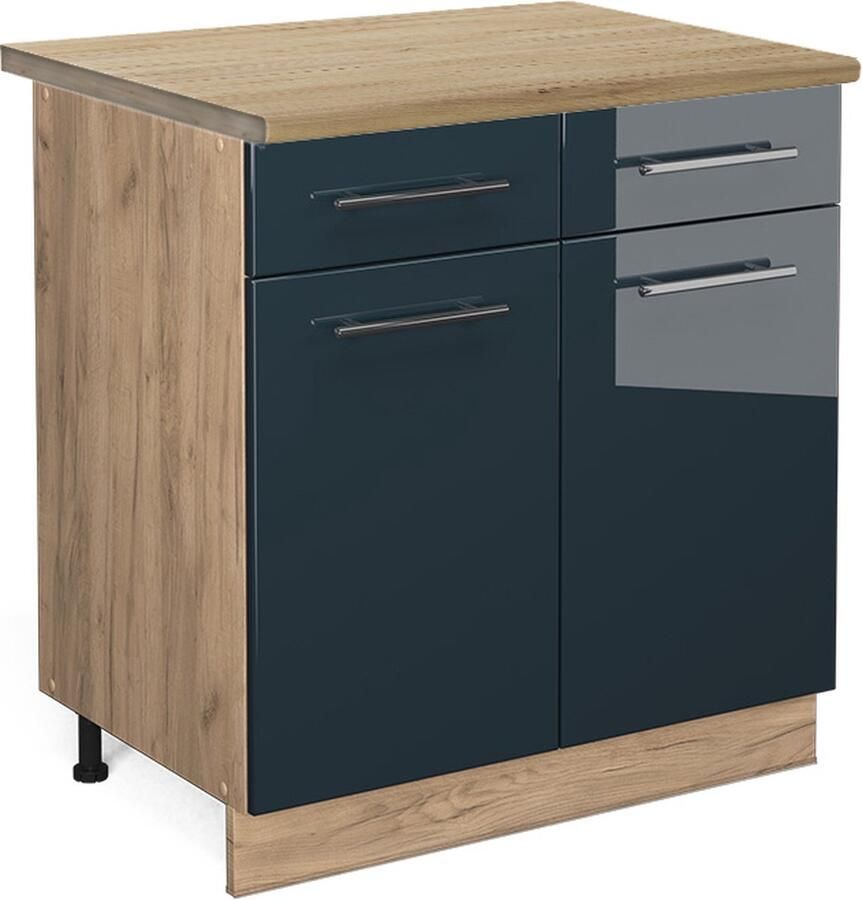 Vicco Keukenonderkast Fame-Line Donkerblauw hoogglans Krachtige eik goud 80 cm WB Eik