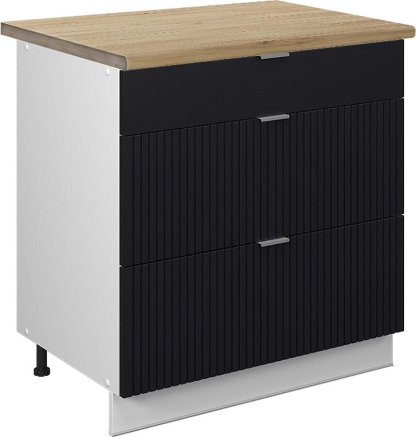 Vicco Fame-Line Keuken Keukenonderkast – 80 cm met 3 laden WB Eik Zwart gestreept met 3 laden WB Eik