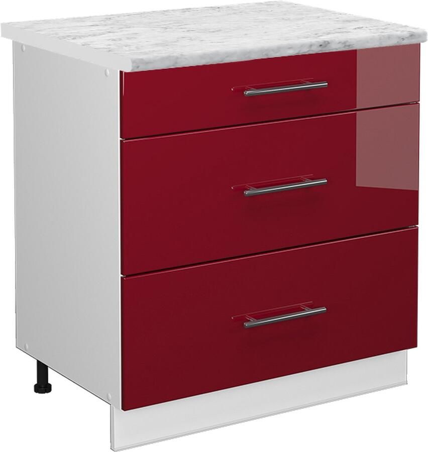 Vicco Fame-Line Keuken Keukenonderkast – 80 cm met 3 laden WB Marmer Bordeauxrode hoogglans met 3 laden WB Marmer