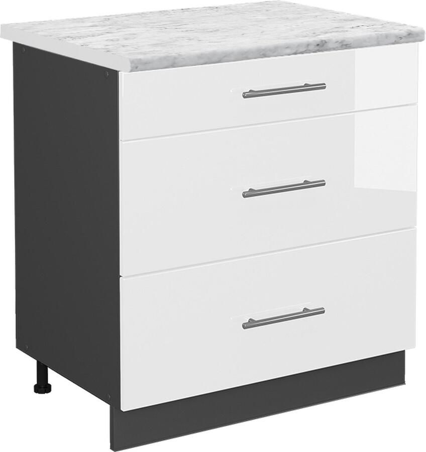 Vicco Fame-Line Keuken Keukenonderkast – 80 cm met 3 laden WB Marmer Wit Hoogglans met 3 laden WB Marmer