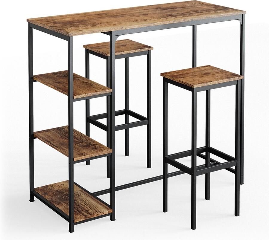 Vicco Fyrk Bartafel set – 120 x 50 cm met legplanken en 2 barkrukken Antiek hout met legplanken en 2 barkrukken