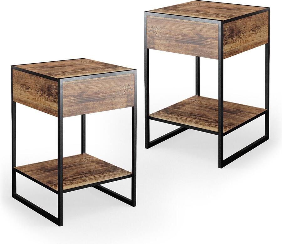 Vicco Fyrk Boxspring nachtkastje – 43.5 x 66 cm Set van 2 Antiek hout Set van 2