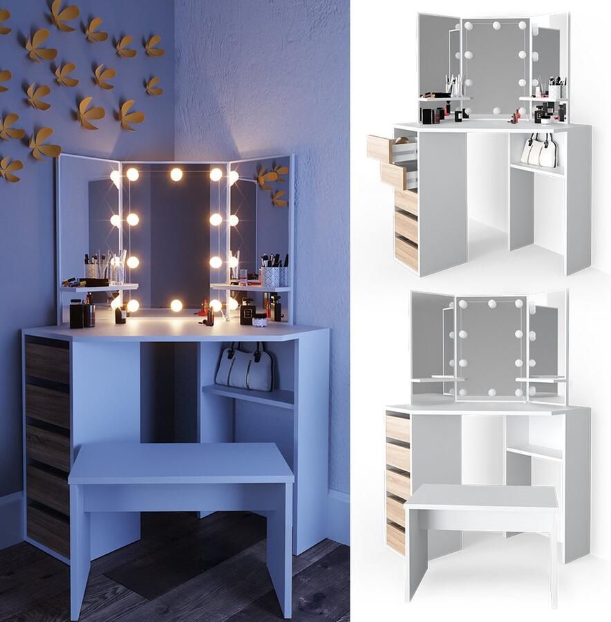 Vicco Arielle Hoek kaptafel – 110 cm met LED-verlichting en bankje Wit Sonoma met LED-verlichting en bankje - Foto 2