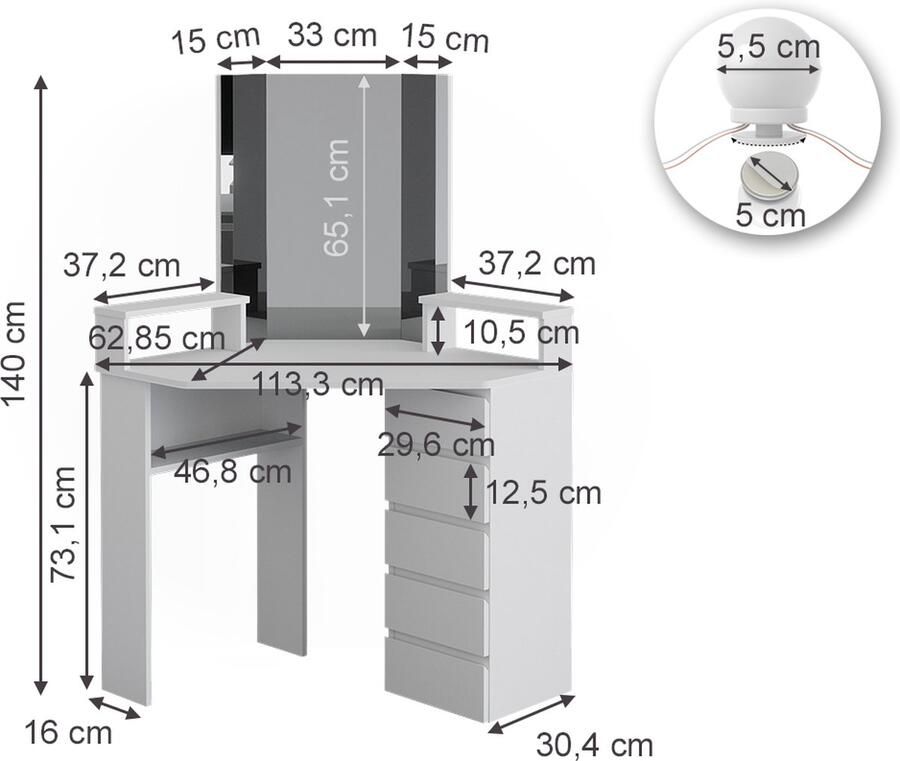 Vicco Tilda Hoek kaptafel – 113.3 cm met LED-verlichting Wit met LED-verlichting - Foto 2