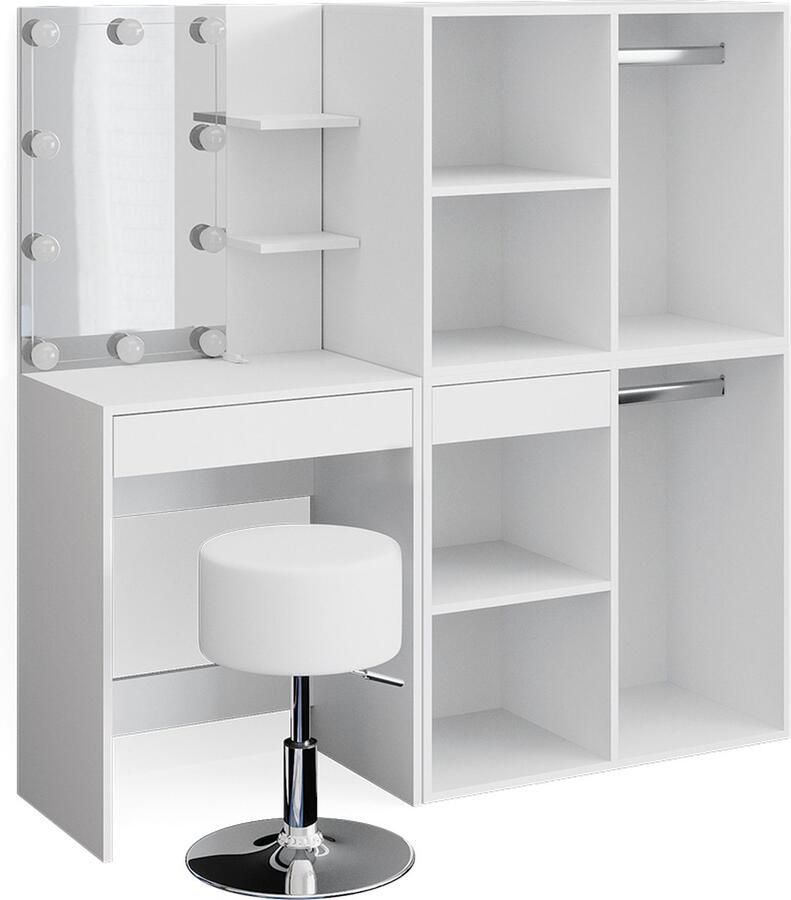 Vicco Isabelle Make-uptafel set met kruk – 60 cm met LED krukje en kast Wit met LED krukje en kast