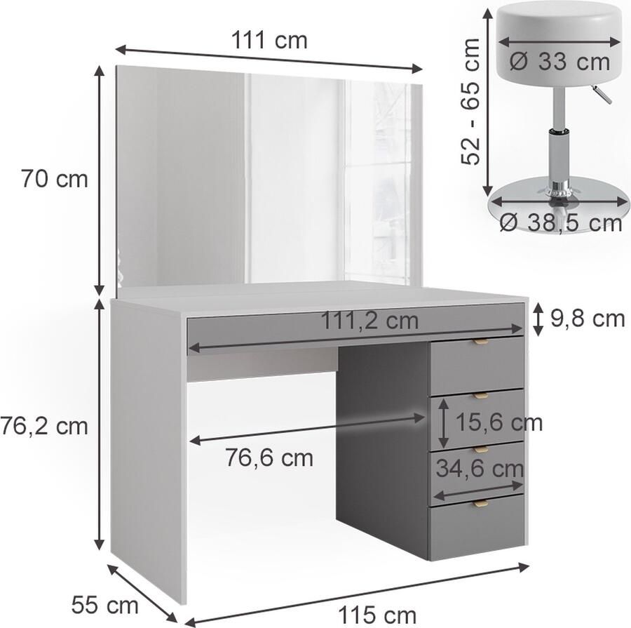Vicco Elise Kaptafel – 115 cm met krukje Wit grijs grijs met krukje - Foto 2