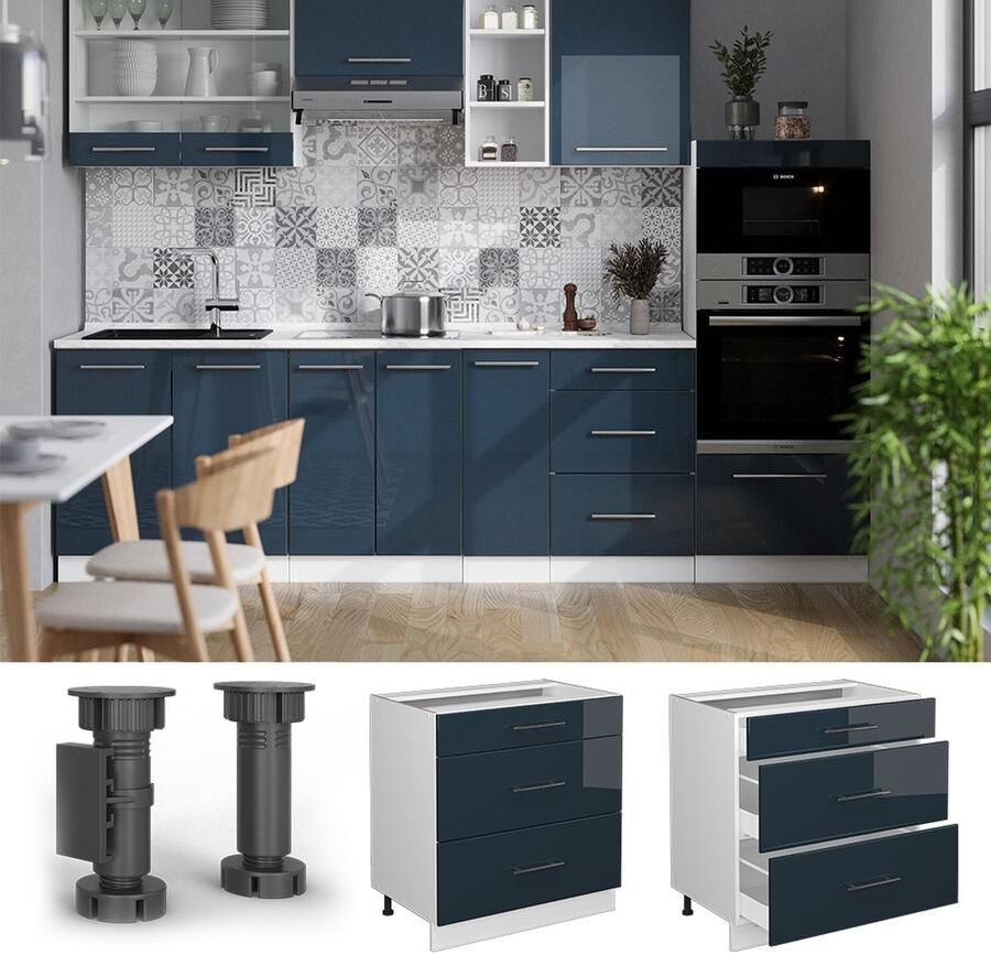 Vicco Fame-Line Keuken Keukenkasten – 80 cm met 3 laden zonder werkblad Donkerblauw hoogglans met 3 laden zonder werkblad