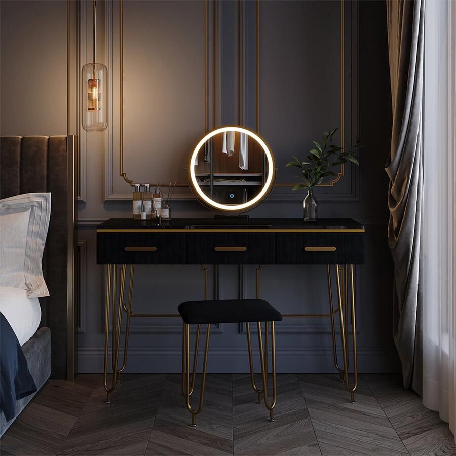 Vicco Layla Make-uptafel set met kruk – 100 cm met LED-spiegel en krukje Zwart met LED-spiegel en krukje