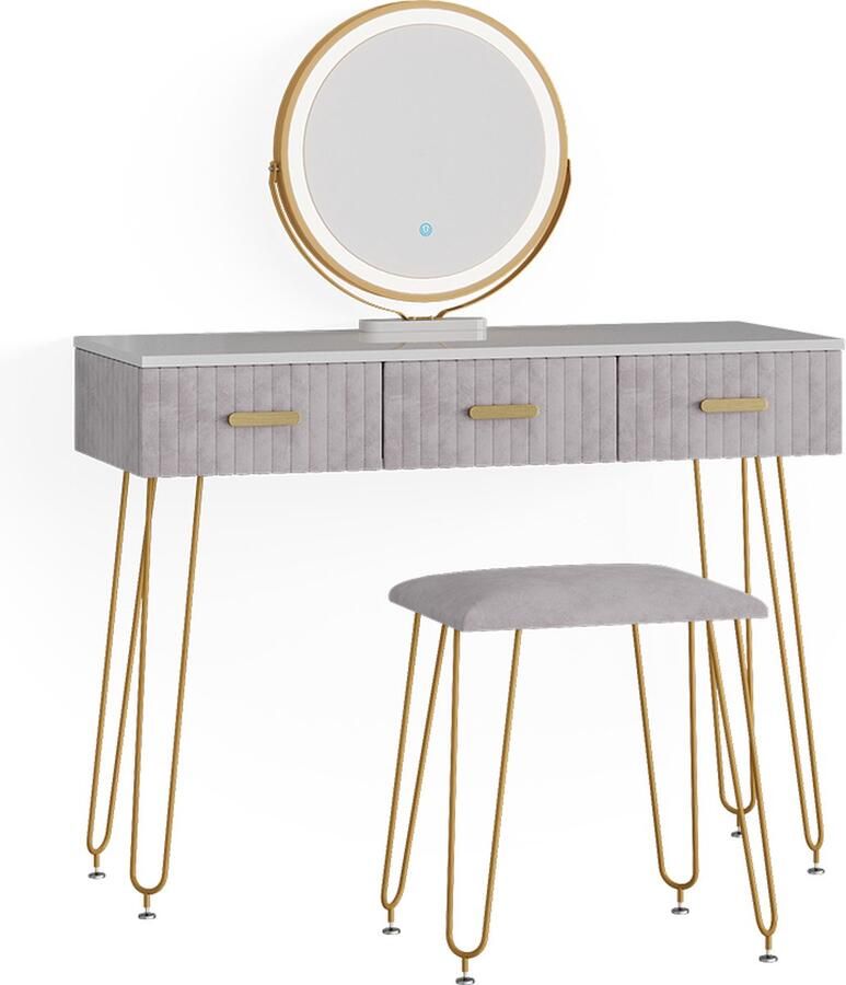 Vicco Layla Make-uptafel set met kruk – 100 cm met LED-verlichting en kruk Grijs met LED-verlichting en kruk