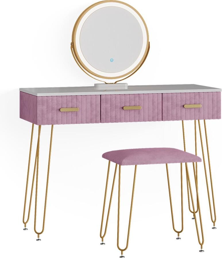 Vicco Layla Make-uptafel set met kruk – 100 cm met LED-verlichting en kruk Roze met LED-verlichting en kruk