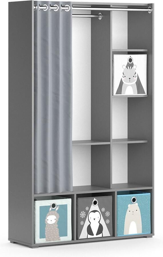 Vicco Luigi Kinderkledingkast – 38 x 178.1 cm Met vouwboxen (grijs) Grijs Met vouwboxen (grijs)