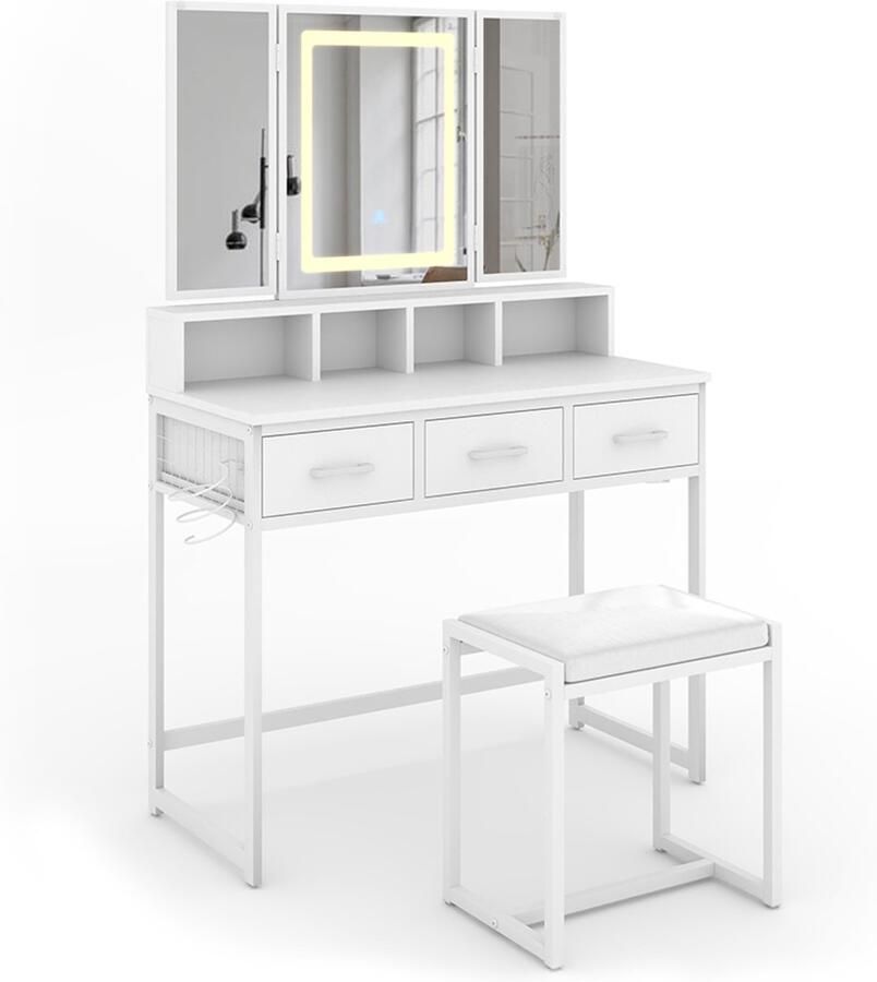 Vicco Mavida Kaptafel – 90 cm met spiegel LED en kruk Wit