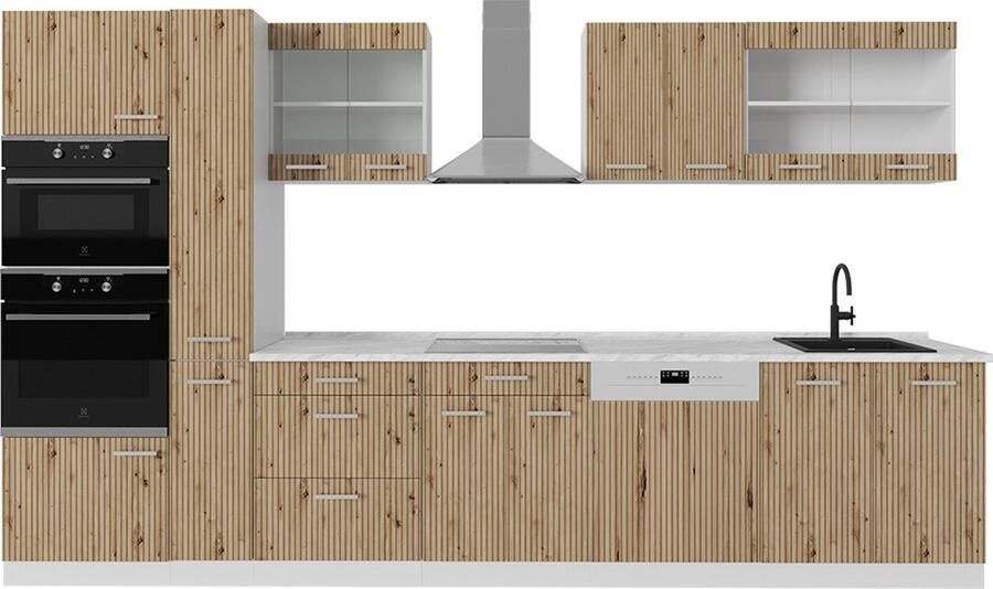 Vicco R-Line Complete keukeneenheid – 350 cm met hoge kast met marmeren werkblad Artisanaal eiken wit met hoge kast met marmeren werkblad