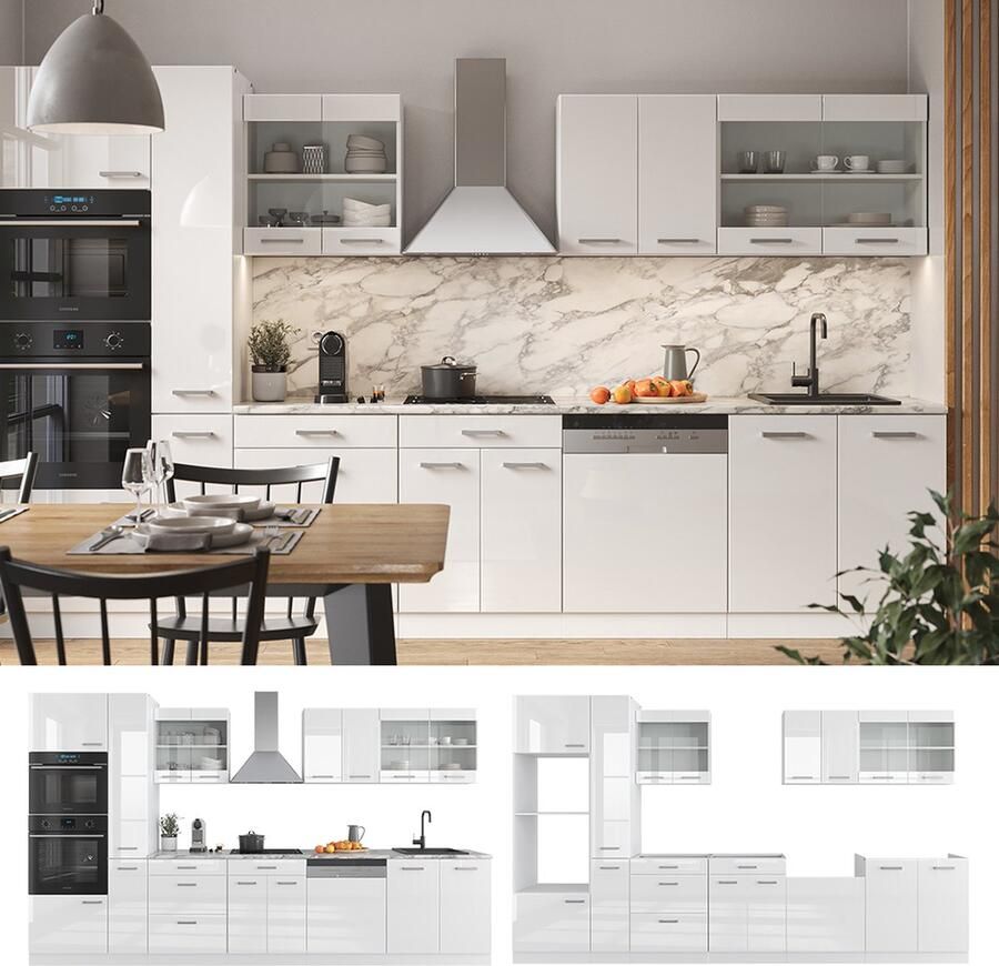 Vicco R-Line Complete keukeneenheid – 350 cm met hoge kast met marmeren werkblad Wit hoogglans wit met hoge kast met marmeren werkblad