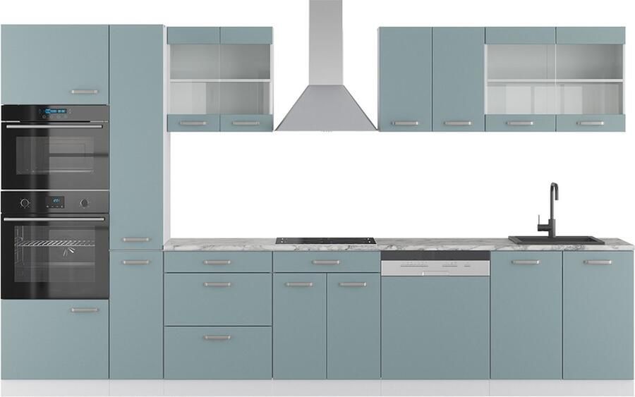 Vicco R-Line Complete keukeneenheid – 350 cm met hoge kast zonder werkblad Blauw-grijs wit met hoge kast zonder werkblad