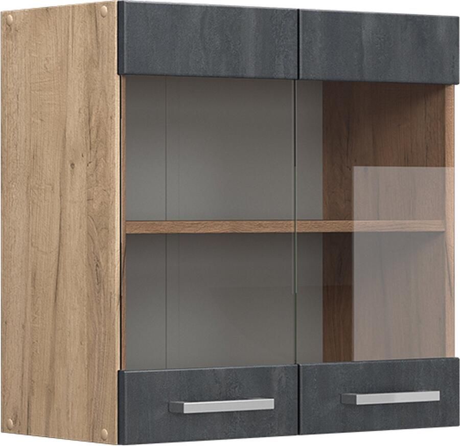 Vicco Glazen keukenkast R-Line Zwart beton Krachtige eik goud 60 cm