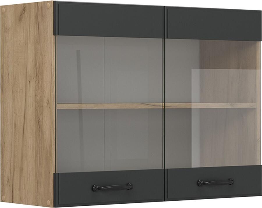 Vicco Glazen keukenkast R-Line Antraciet landhuis Krachtige eik goud 80 cm