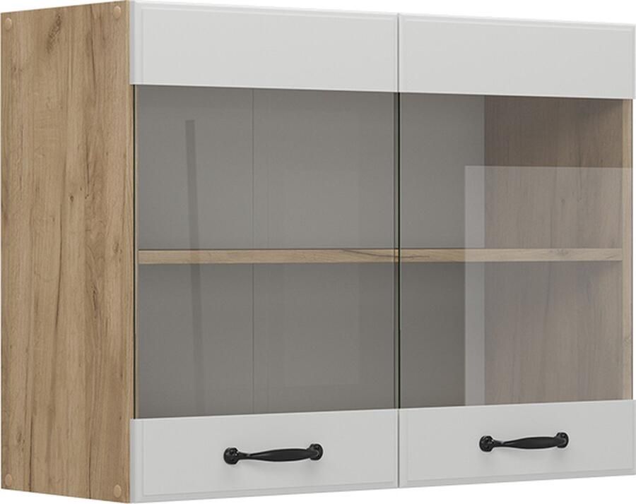 Vicco Glazen keukenkast R-Line Wit Landhuis Krachtige eik goud 80 cm