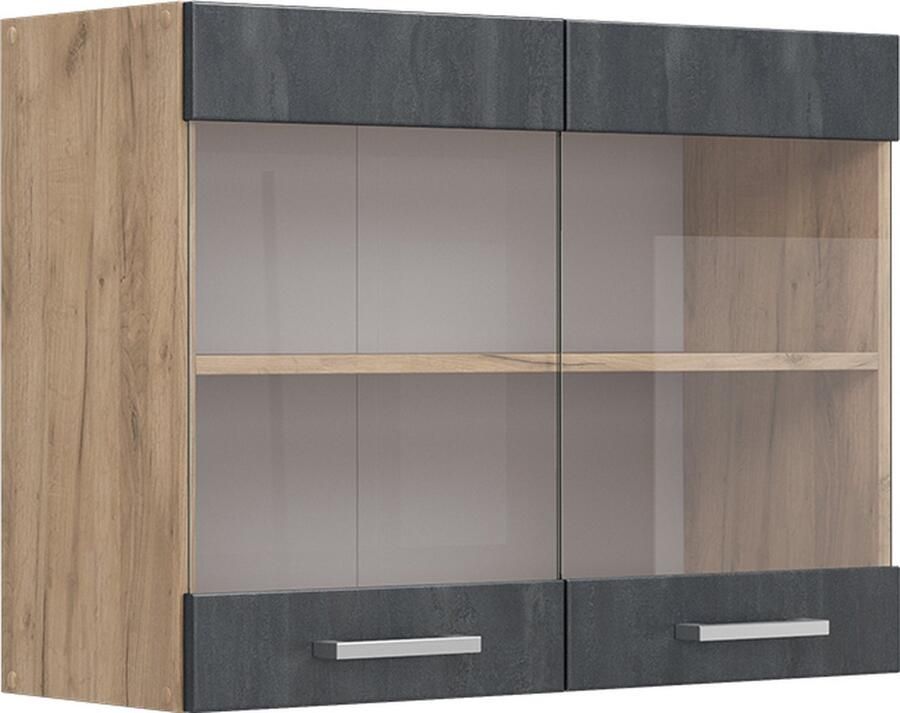 Vicco Glazen keukenkast R-Line Zwart beton Krachtige eik goud 80 cm