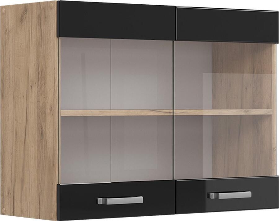 Vicco Glazen keukenkast R-Line Zwart hoogglans Krachtige eik goud 80 cm