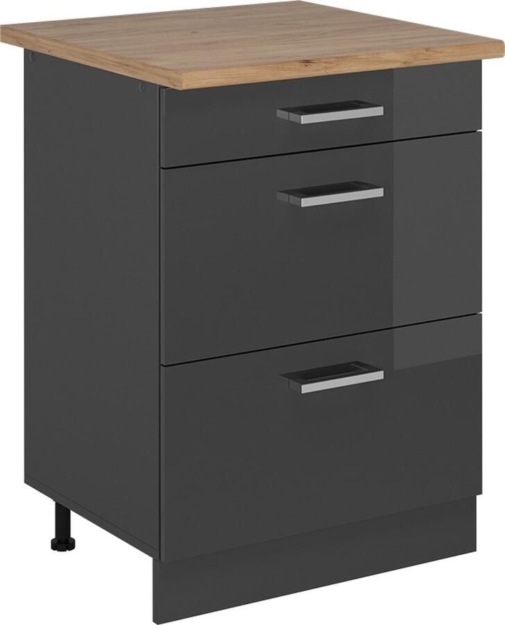 Vicco R-Line Keuken Keukenonderkast – 60 cm met laden WB Eik Antraciet Hoogglans met laden WB Eik