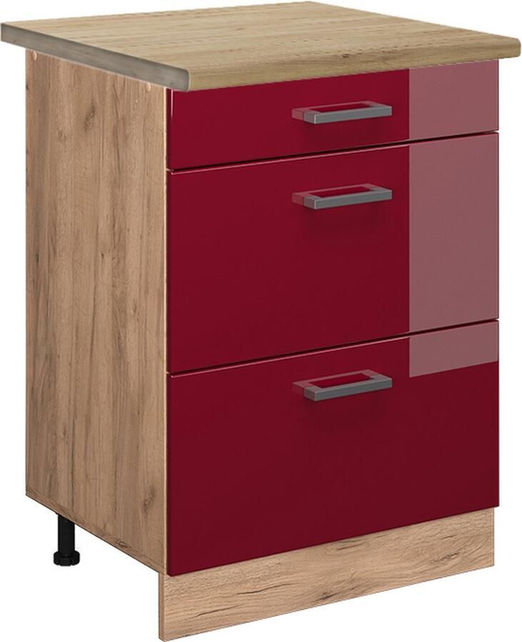 Vicco R-Line Keuken Keukenonderkast – 60 cm met laden WB Eik Bordeauxrode hoogglans met laden WB Eik