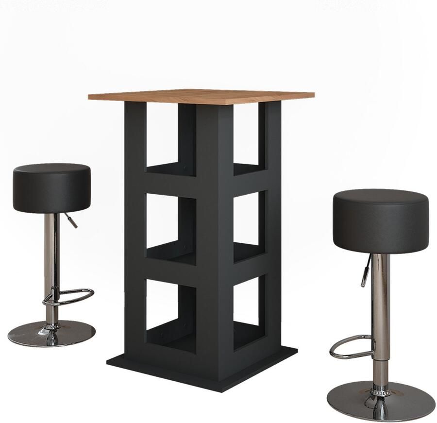 Vicco Repose Bartafel set – 65 x 65 cm met 2 barkrukken Eik goud antraciet