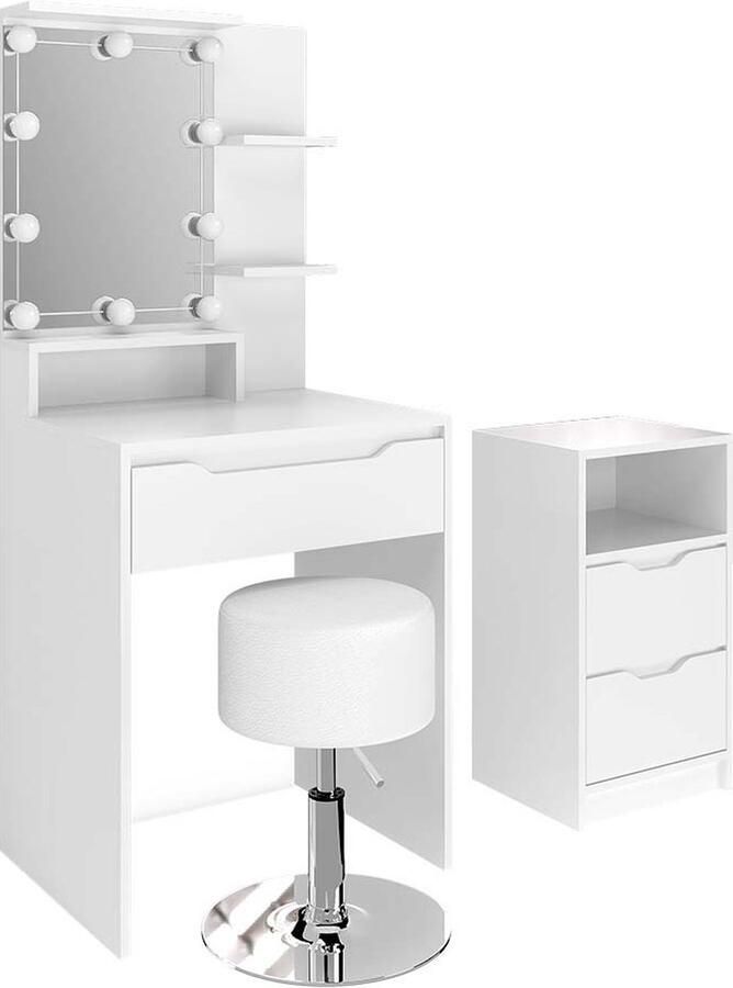 Vicco Ruben Make-uptafel set met kruk – met ladeblok LED-verlichting en kruk Wit met ladeblok LED-verlichting en kruk