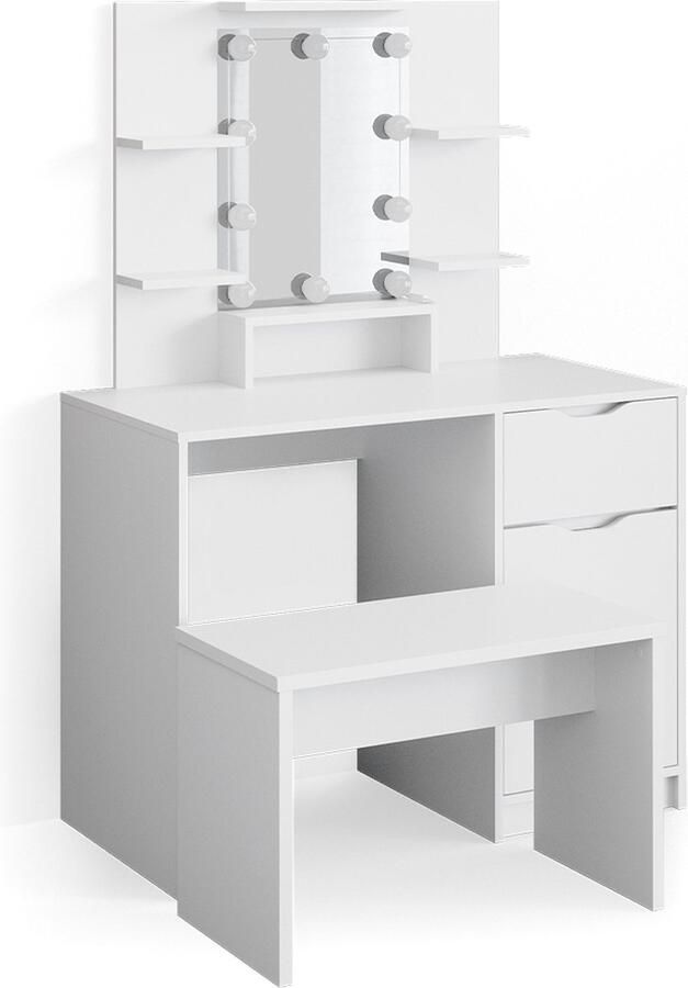 Vicco Ruben Little Make-uptafel set met kruk – 100 cm met LED-verlichting en bankje Wit met LED-verlichting en bankje